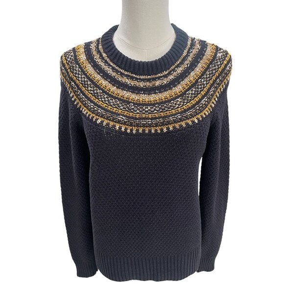 The Reeds Navy Fair Isle Sweater Women S Gold Metallic Knit Winter Cottagecore - Picture 6 of 10